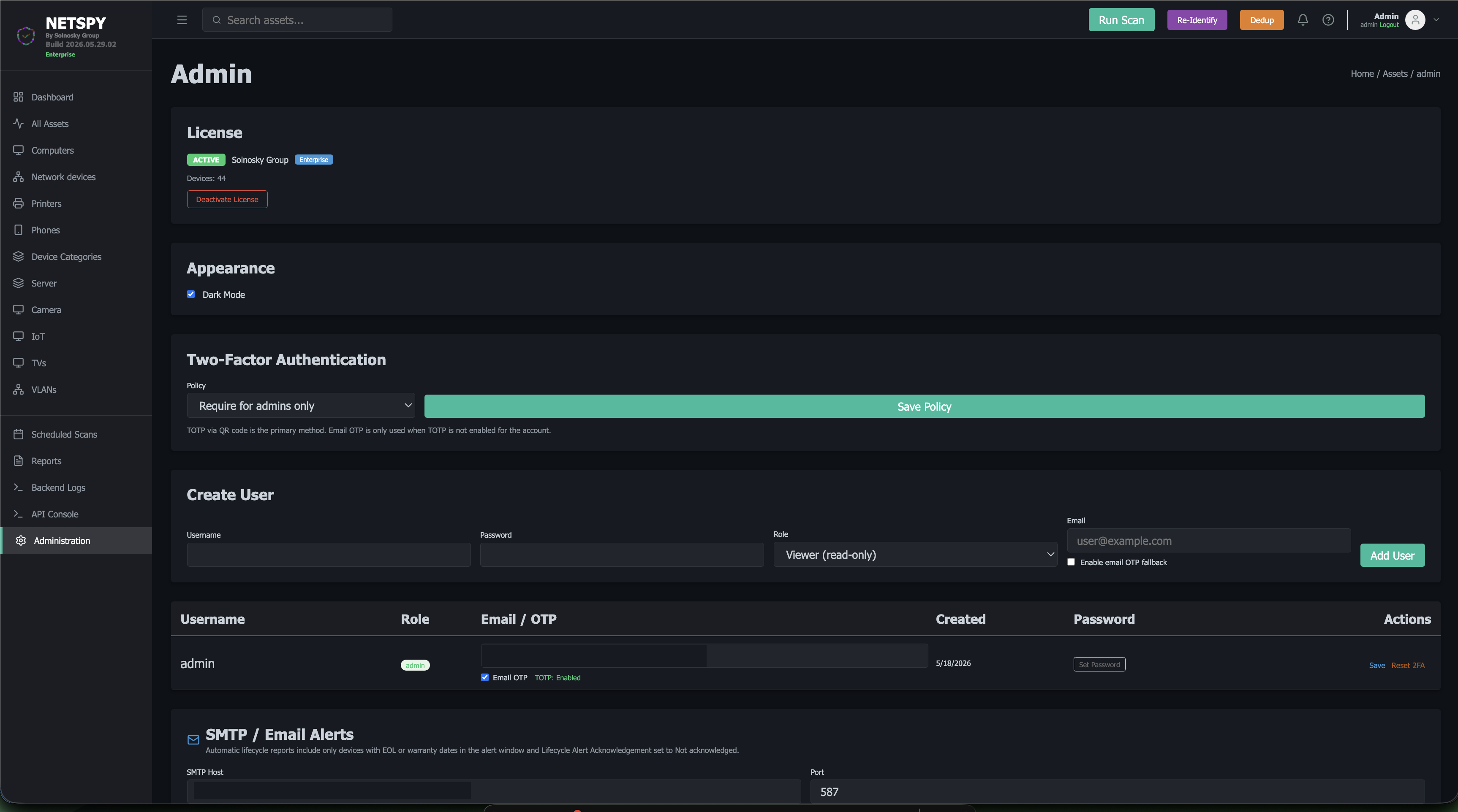 NetSpy administration interface in dark mode