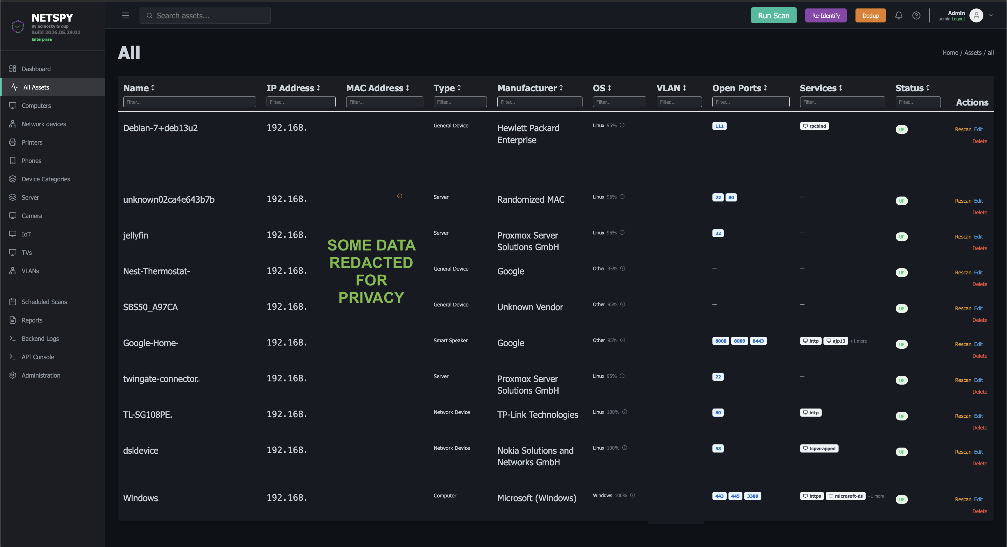 NetSpy all assets table with private device rows redacted