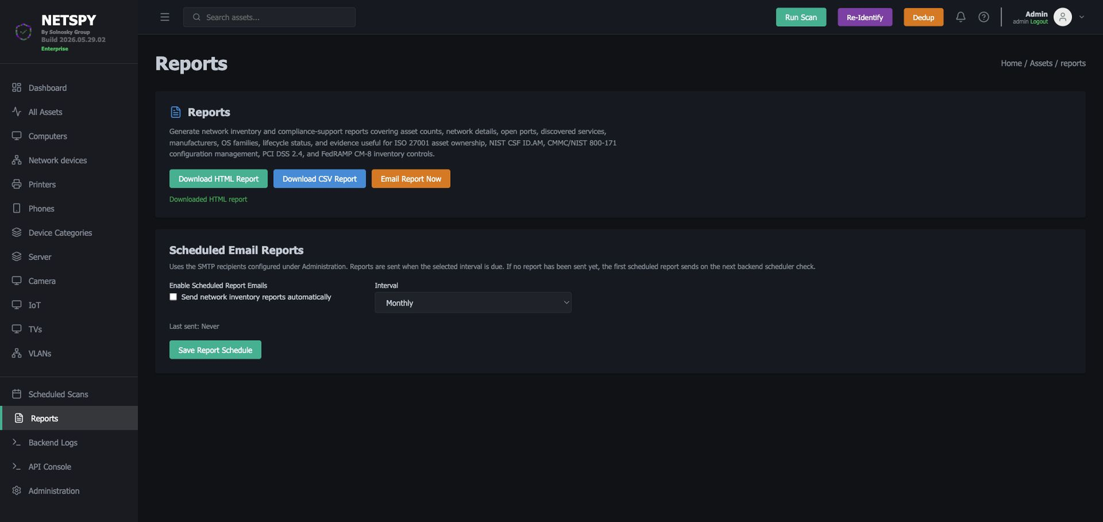 NetSpy reports screen in dark mode