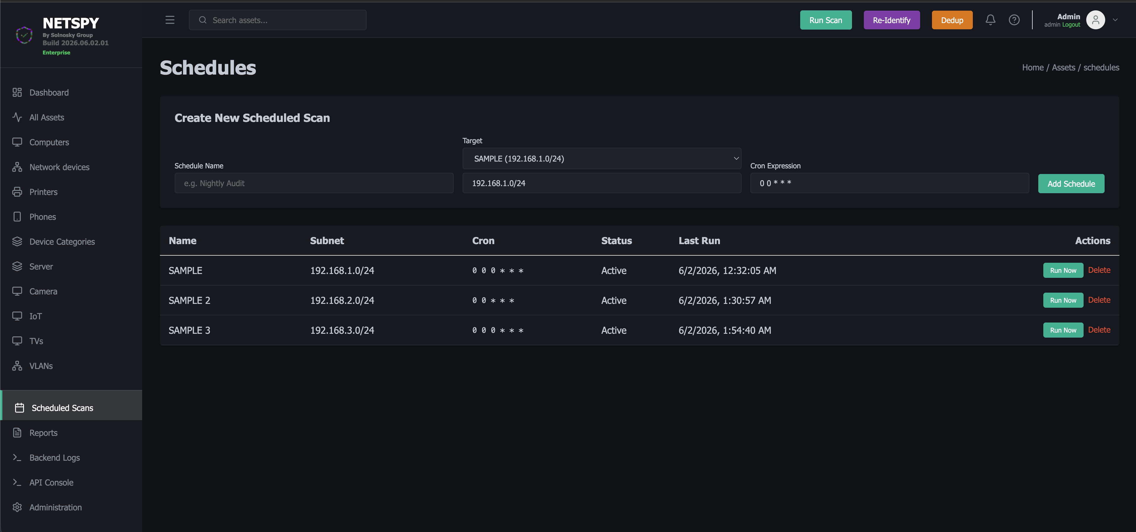 NetSpy scheduled scans interface in dark mode