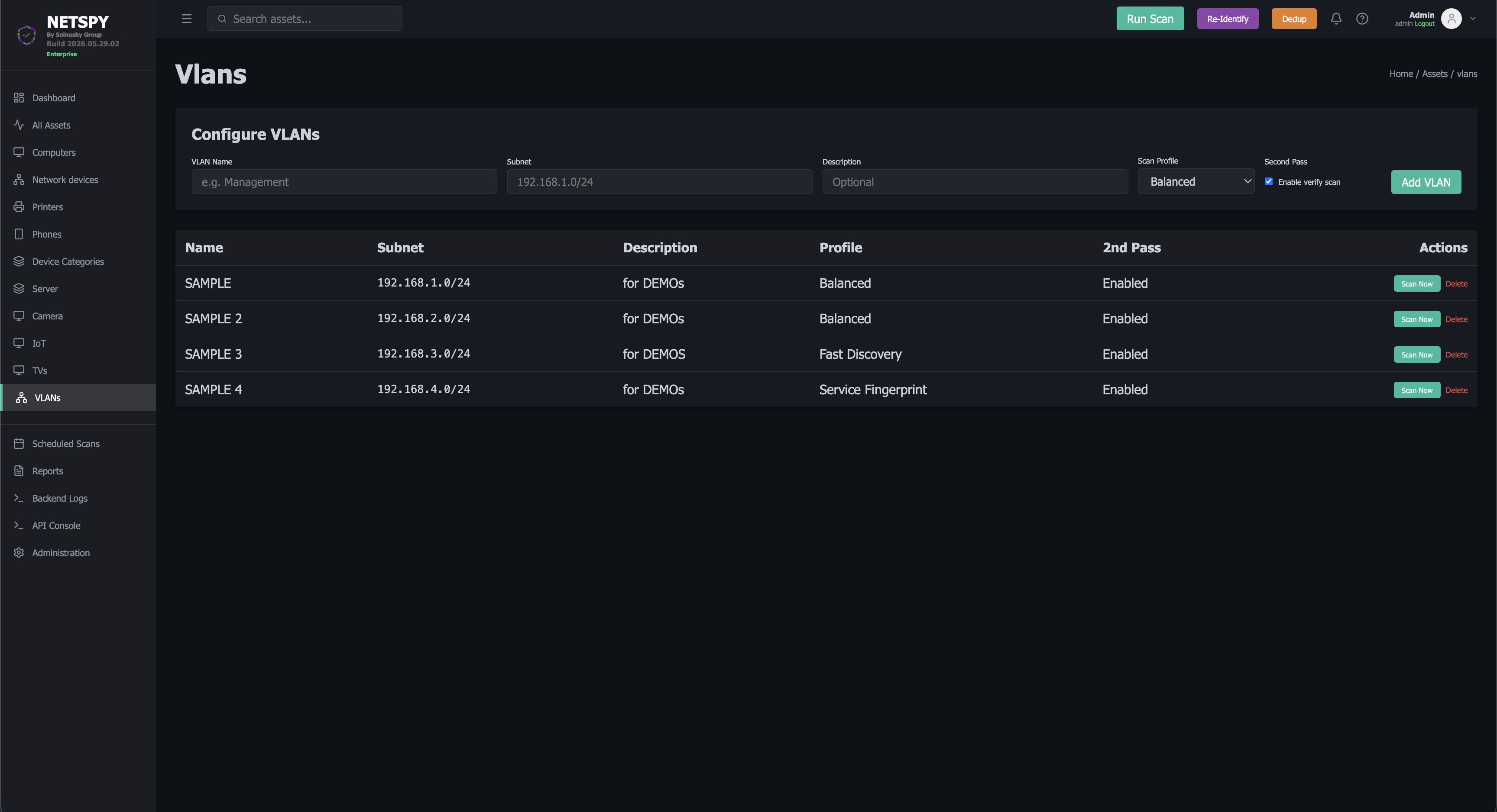 NetSpy VLAN configuration screen in dark mode